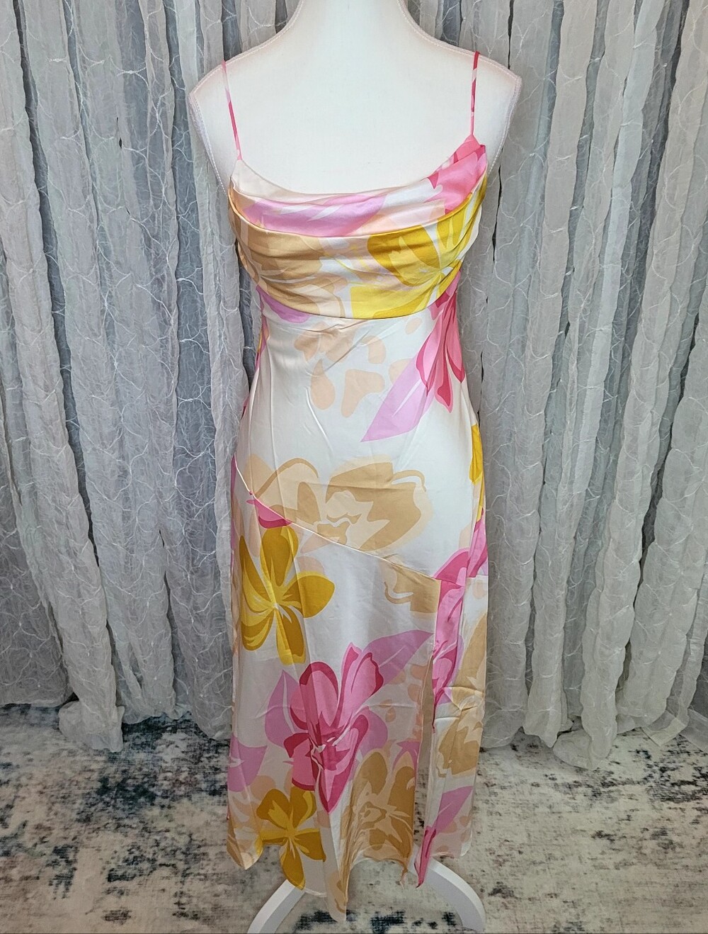 Saints & Secrets Floral Satin Cowl Neck Slit Midi Slip Tropical Dress S